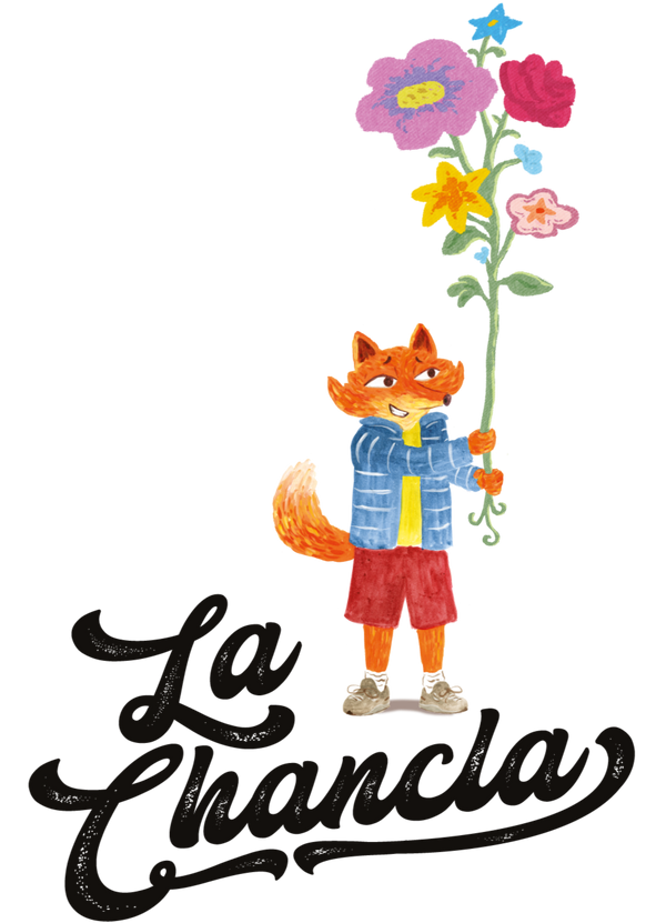 Illustration of a fox holding a flower with 'La Chancha' text on a white background