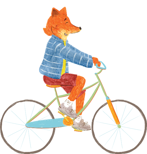 Illustration of a fox riding a bicycle on a white background the official mascot for La Chancla